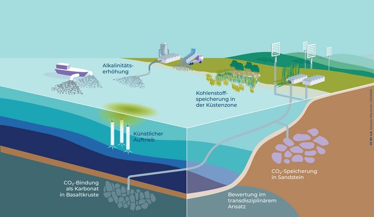 Graphische Darstellung ozeanbasierter Methoden der CO2-Entnahme aus der Atmosphäre, Abbildung: Rita Erven, CDRmare/GEOMAR